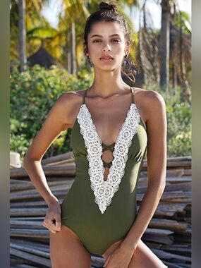 Cupshe Olive One-Piece Swimsuit with White Lace Plunge
